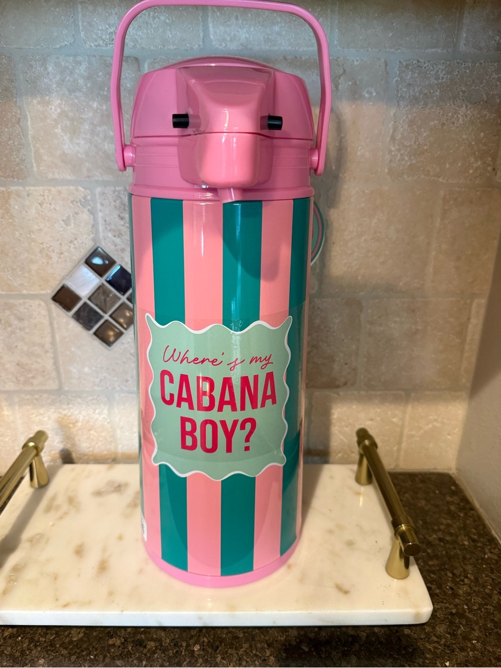 Boutique 9 Pink and Teal Striped Cabana Boy Travel Beverage Dispenser